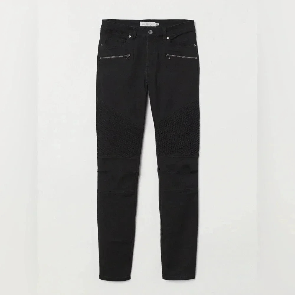 H&M Ladies Black Jean Pants Long Biker Regular Waist Skinny Size 8 Or Medium
